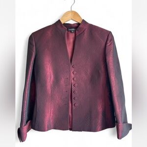 Tahari Burgundy Blazer with Mandarin Collar and Fitted Silhouette